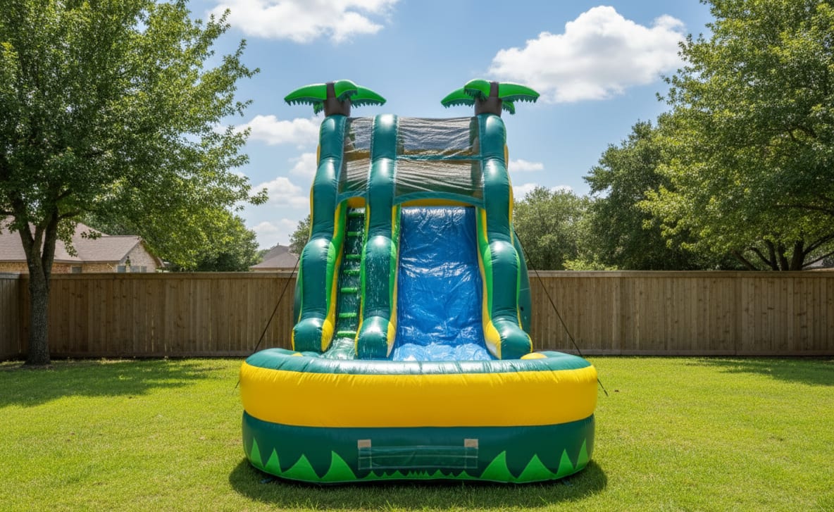 Tropical Palm Tree Water Slide available to rent through Bouncehouse360