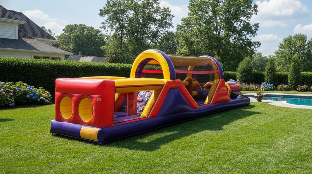 Red Yellow Obstacle Course available through Bouncehouse360