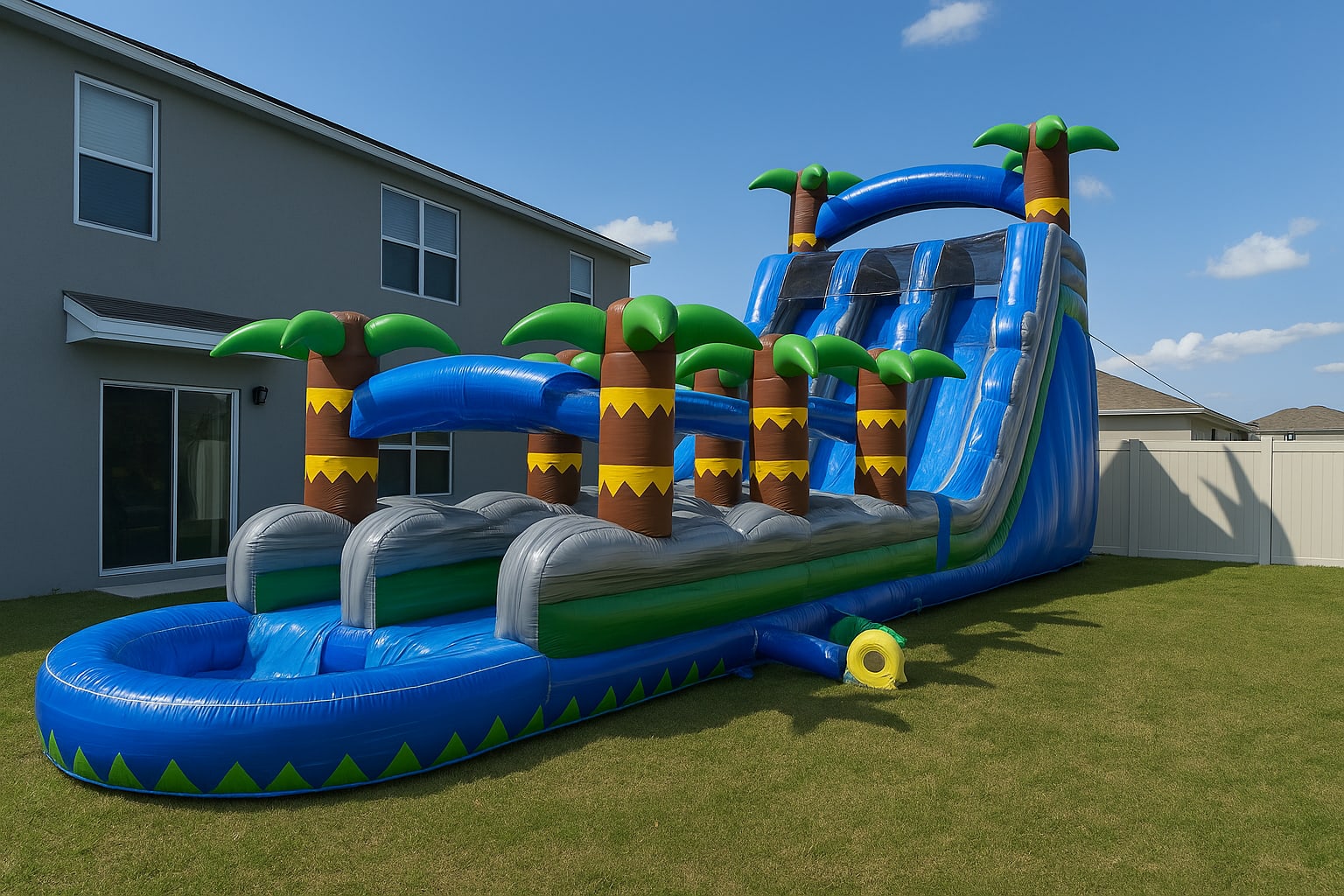 22' Big Blue Dual Lane Water Slide with Slip N Slide & Pool available to rent through Bouncehouse360