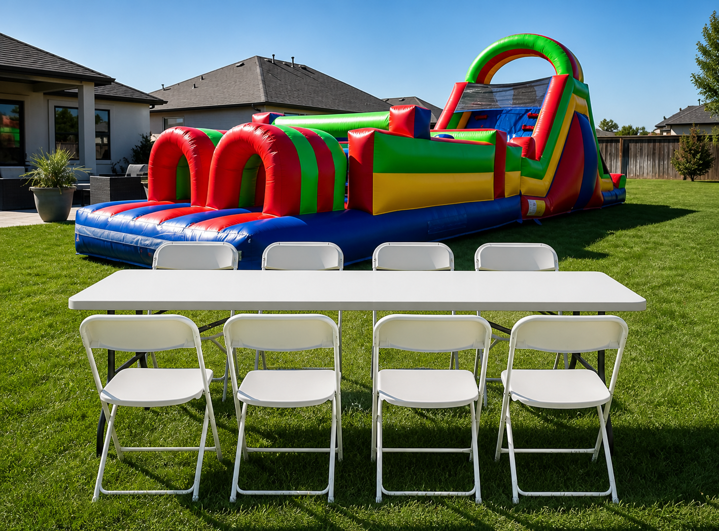 51’ Double Lane Slide Rock Wall Obstacle Course WET OR DRY + Table & 8 Chairs