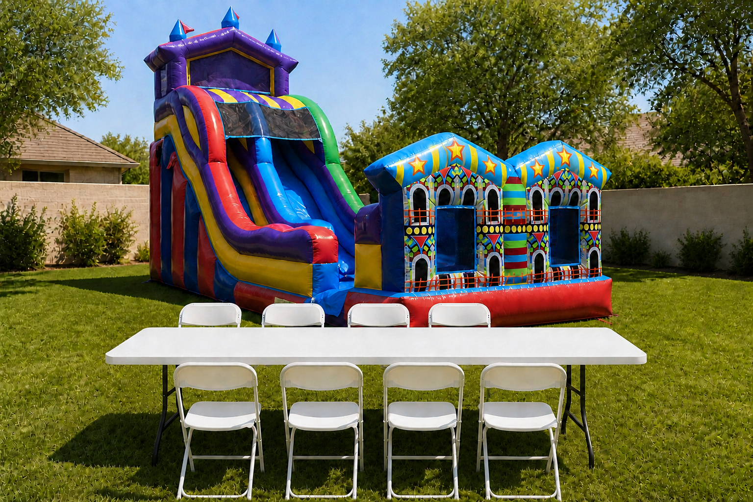 22' Super Fun  Inflatable Slide w/ Water Option + Table & 8 Chairs