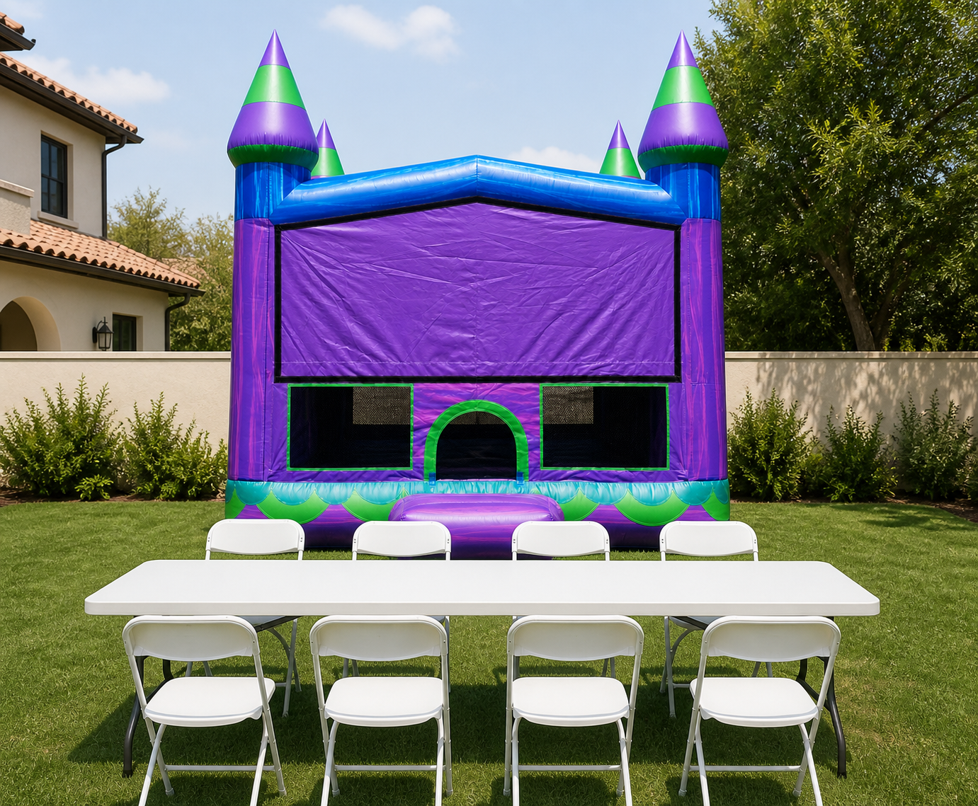 Purple Dreamsickle Jumbo 15' X 15' Bounce House Rental + Table & 8 Chairs