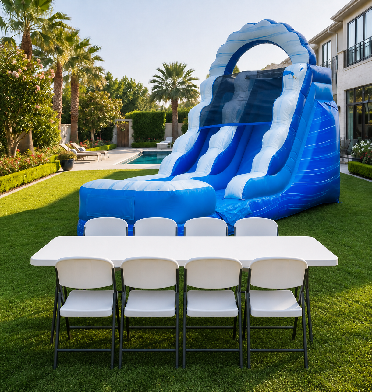 14' Marble Falls Inflatable Slide w/ Water Option + Table & 8 Chairs