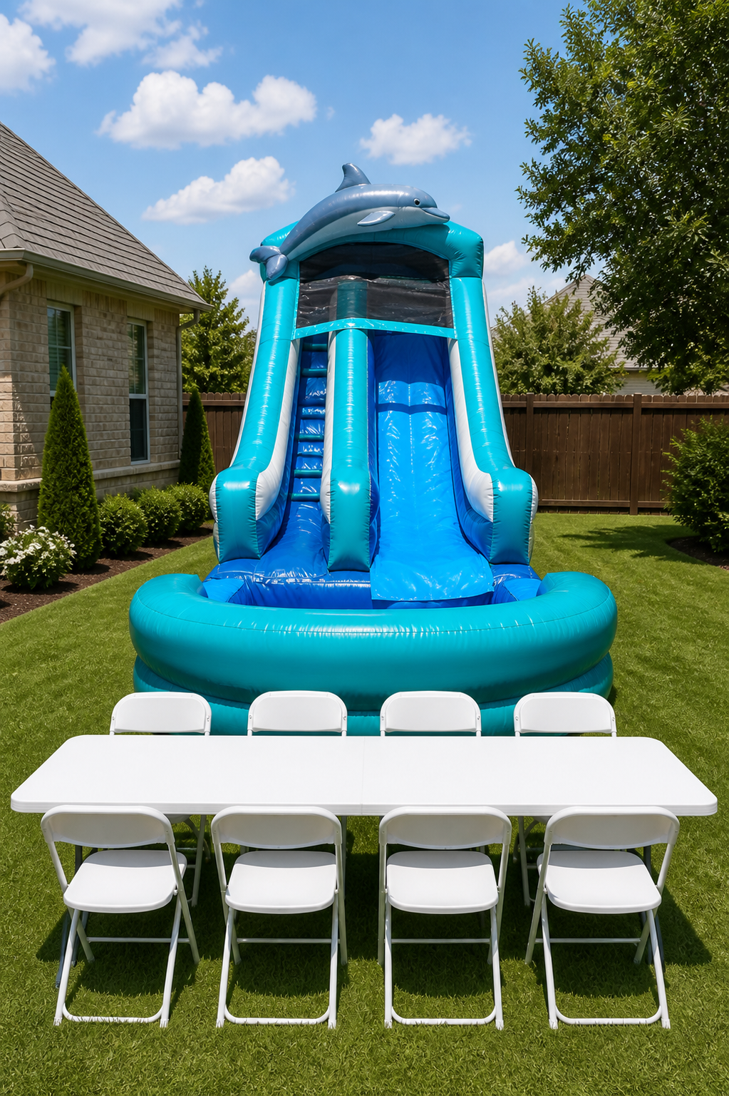 16' Dolphin Inflatable WET or DRY Slide + Table & 8 Chairs