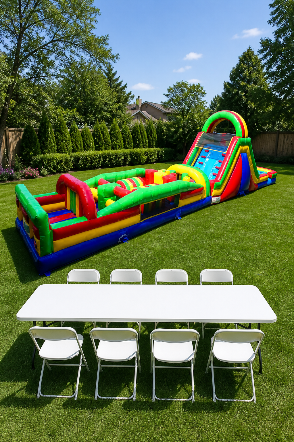 65’ Double Lane Slide Rock Wall Obstacle Course WET OR DRY + Table & 8 Chairs