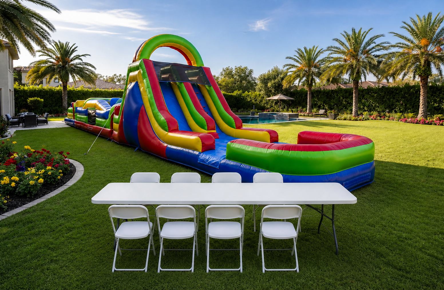 82’ Double Lane Slide Rock Wall Obstacle Course WET OR DRY + Table & 8 Chairs