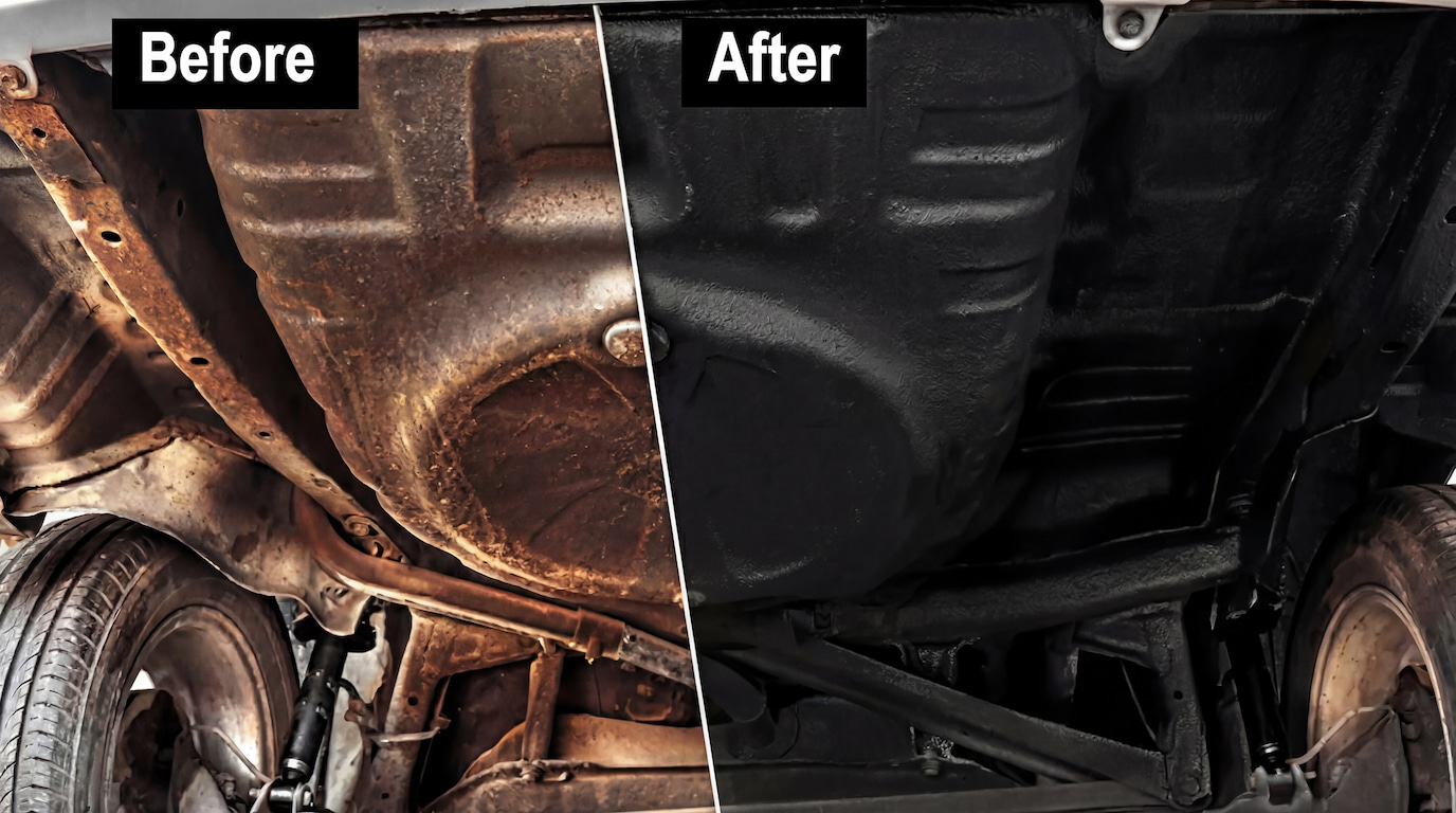 Rust proofing before and after comparison showing vehicle protection results