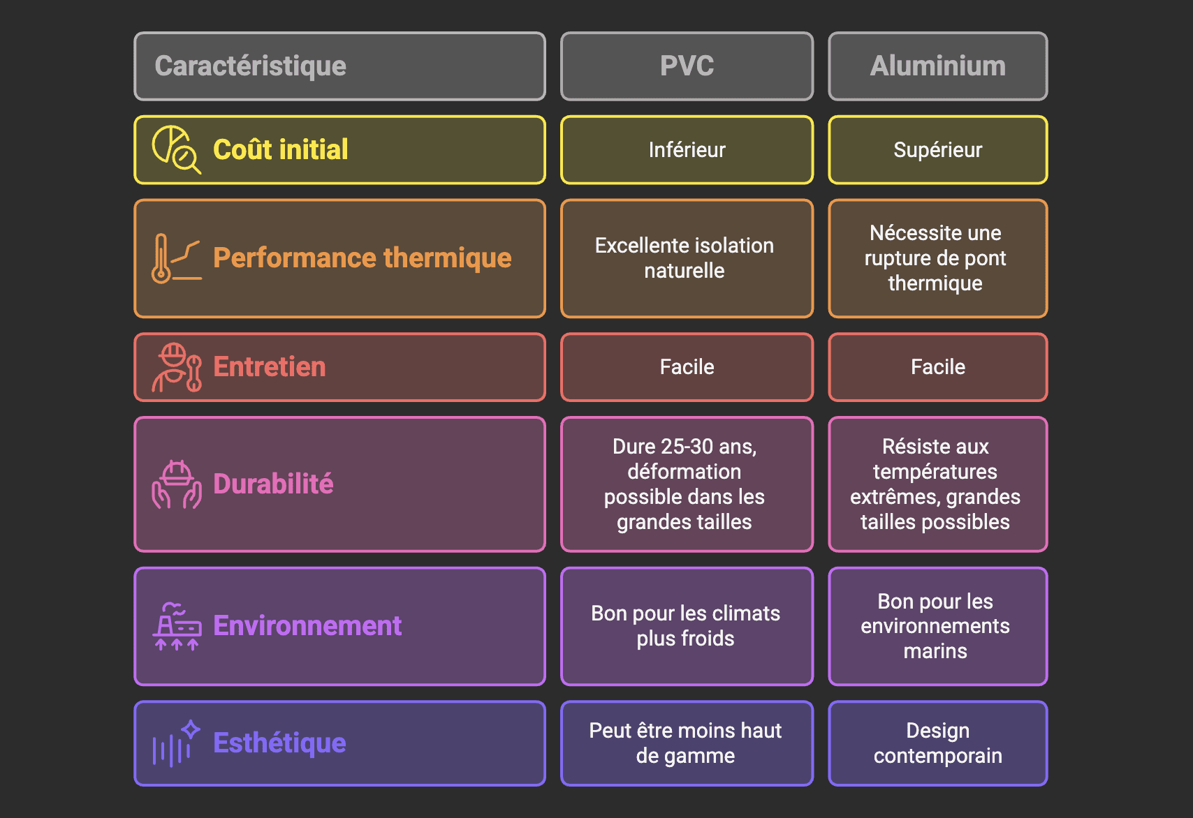 Comparatifs des caractéristiques PVC et alu