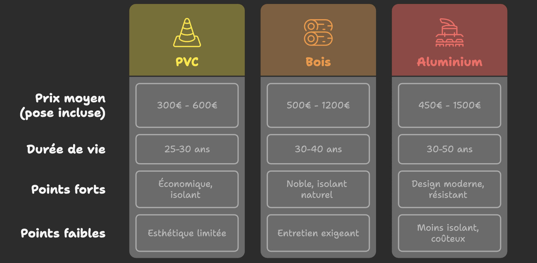 Comparaison visuelle des prix moyens des fenêtres double vitrage selon les matériaux PVC, bois et aluminium