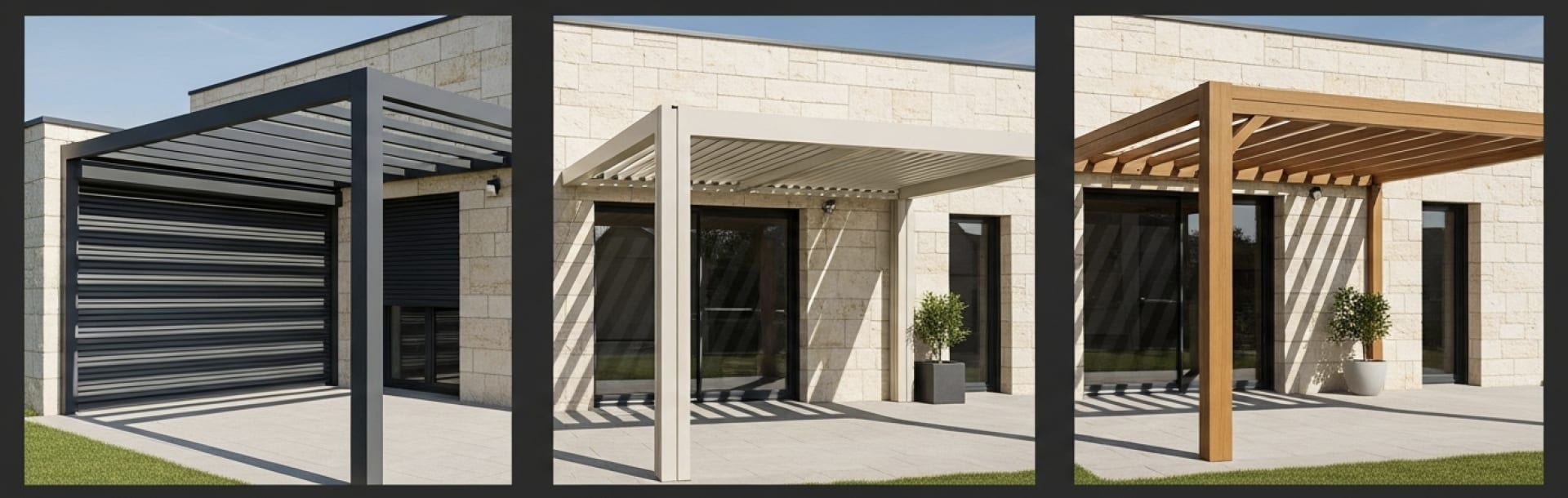 Schéma comparatif des trois types de pergolas adossées