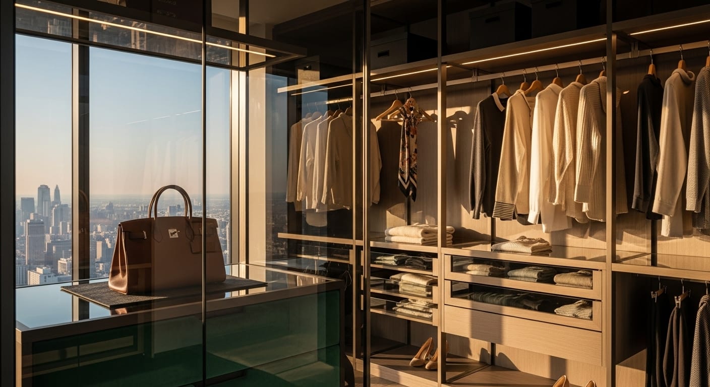 Dressing d'angle avec vêtements dans un penthouse