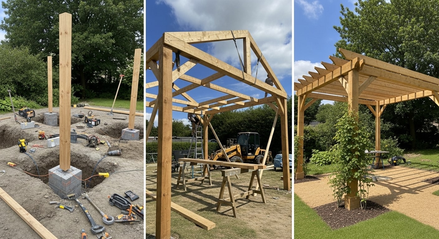 Schéma technique des étapes de construction d'une pergola en bois