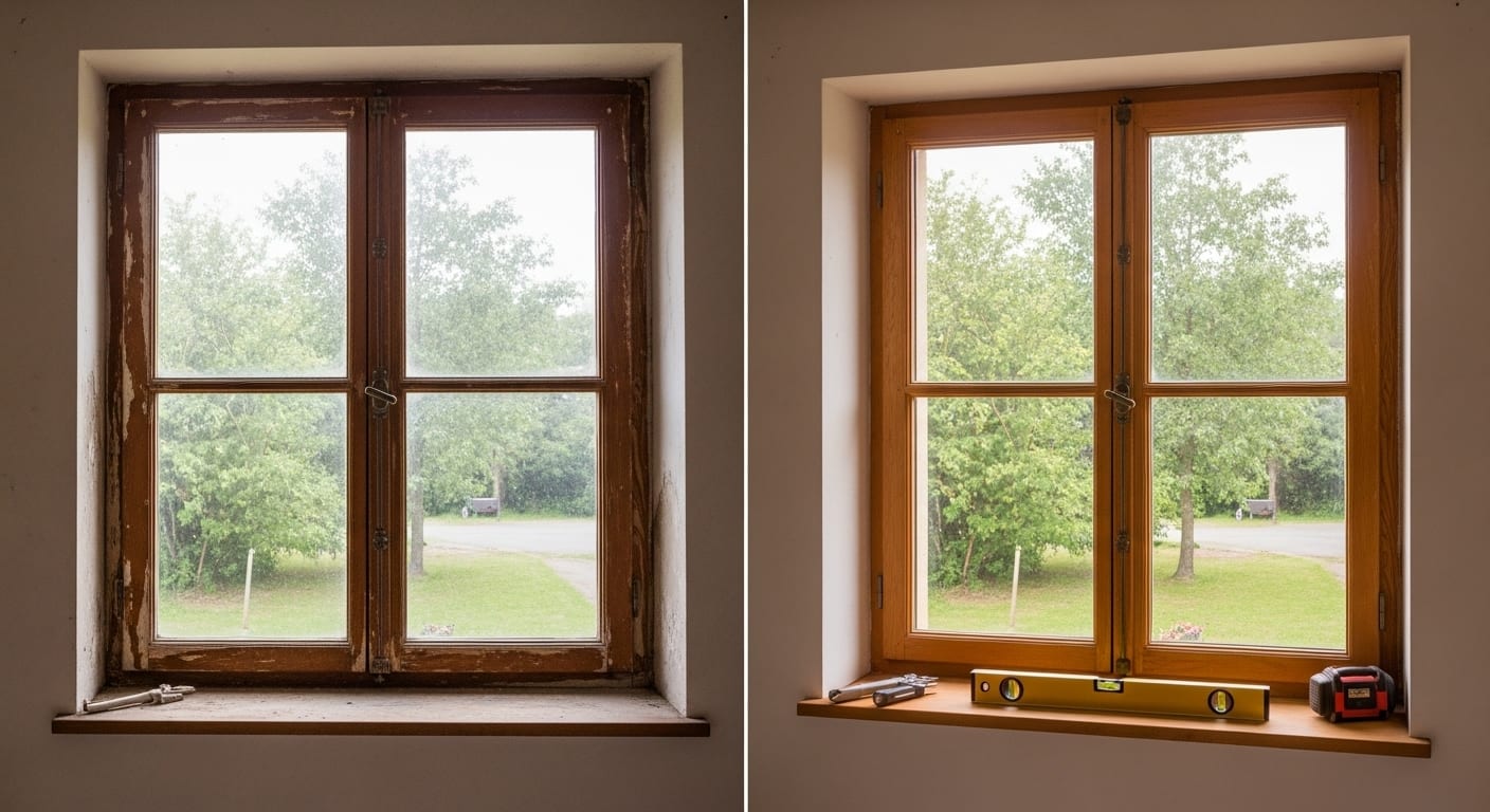 Installation professionnelle de fenêtre bois sur mesure - avant et après