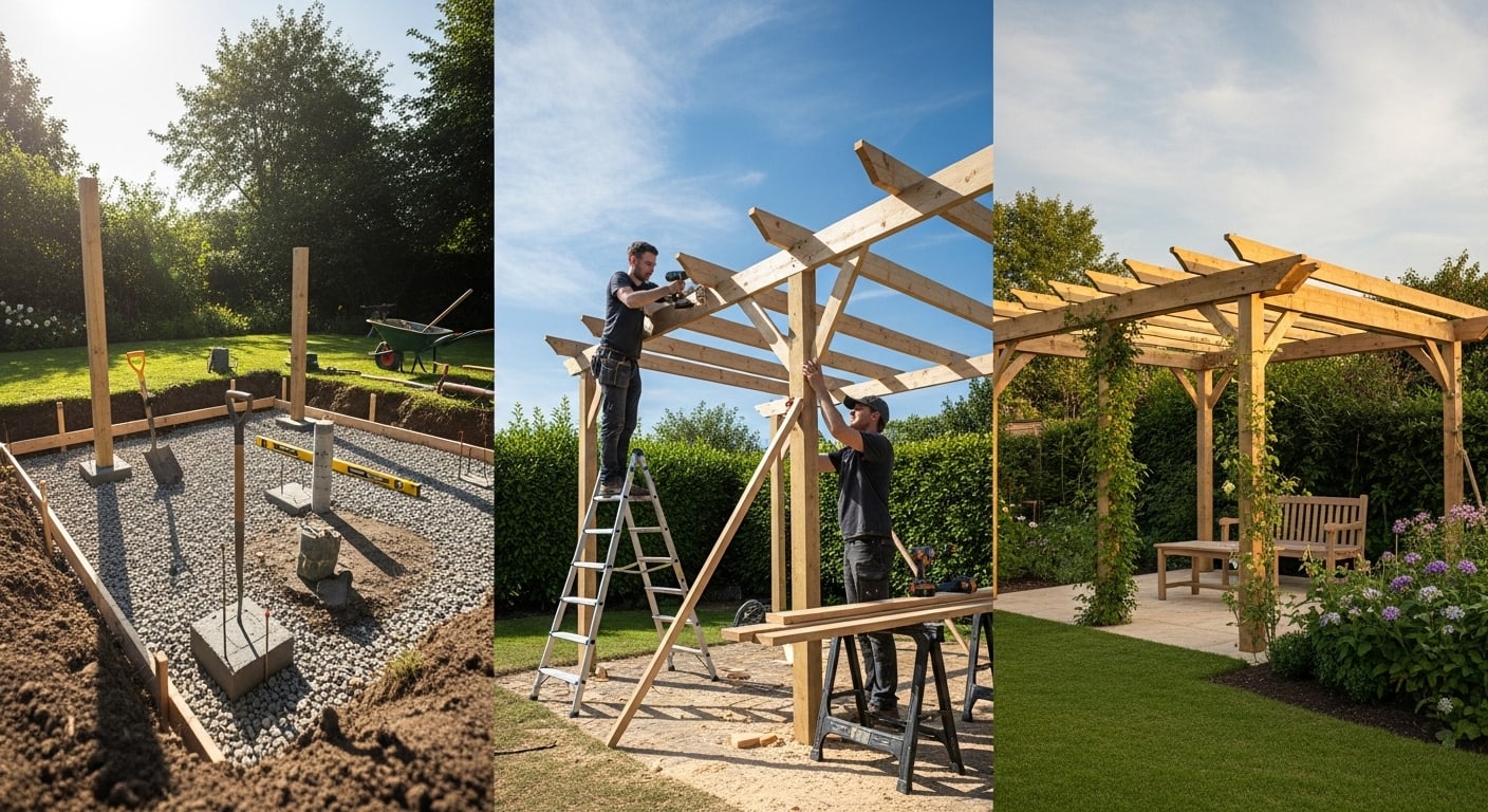 Avant et après : jardin avec pergola en bois personnalisée