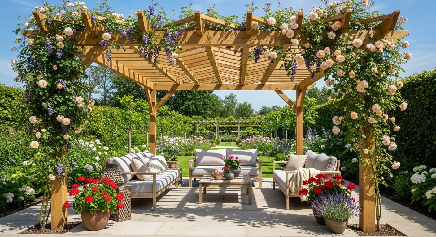 Pergola en bois dans un jardin offrant de l'ombrage naturel