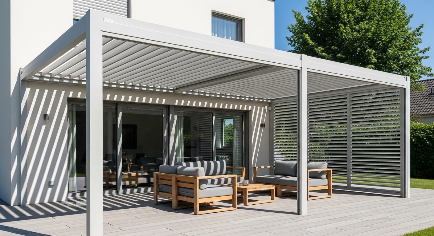 Pergola adossée moderne sur terrasse avec vue jardin