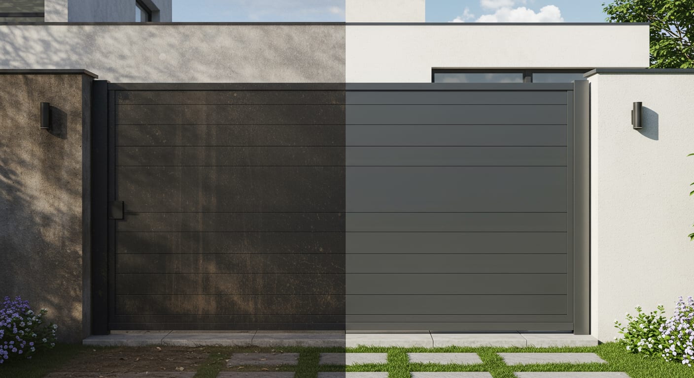 Portail en aluminium brillant après nettoyage et entretien complet