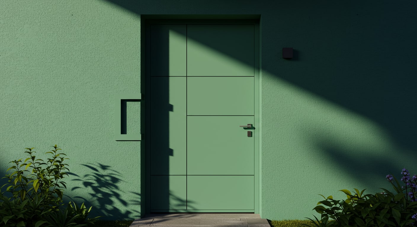 Vue sur la façade d'une maison avec porte d'entrée originale verte