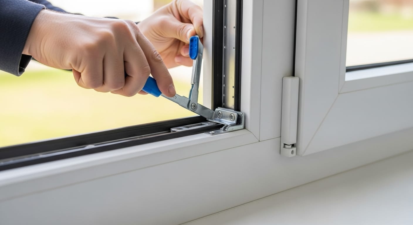 Homme ajustant le galet d'une fenêtre PVC moderne pour l'hiver
