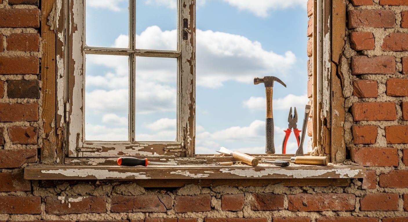 Séquence photographique montrant les étapes d'installation d'une fenêtre double vitrage par un artisan professionnel