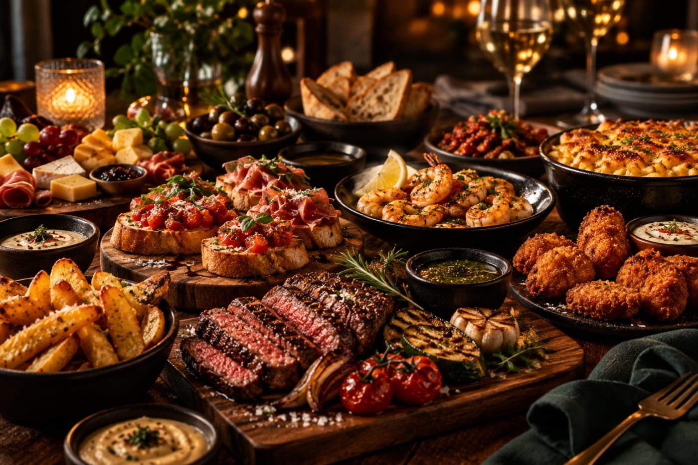 Mesa farta com carne fatiada, camarões, bruschettas, frituras, queijos e vinho