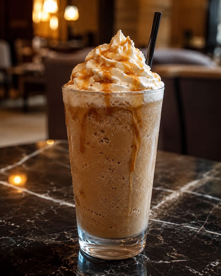 Frappé de caramelo com chantilly e calda escorrendo, em copo alto sobre mármore de um lounge
