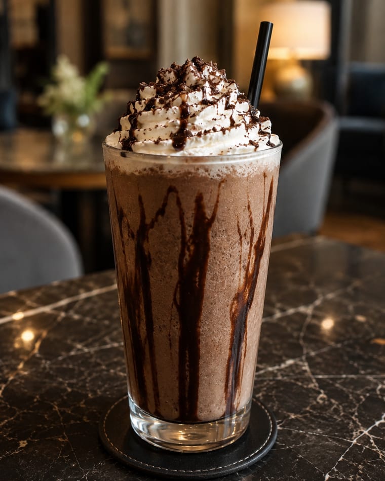 Milkshake de chocolate com chantilly e calda, em copo alto