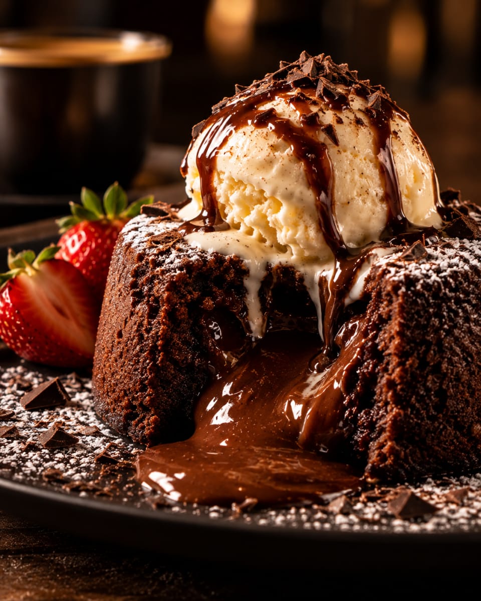 Bolo de chocolate com centro derretido, sorvete de baunilha e frutas vermelhas