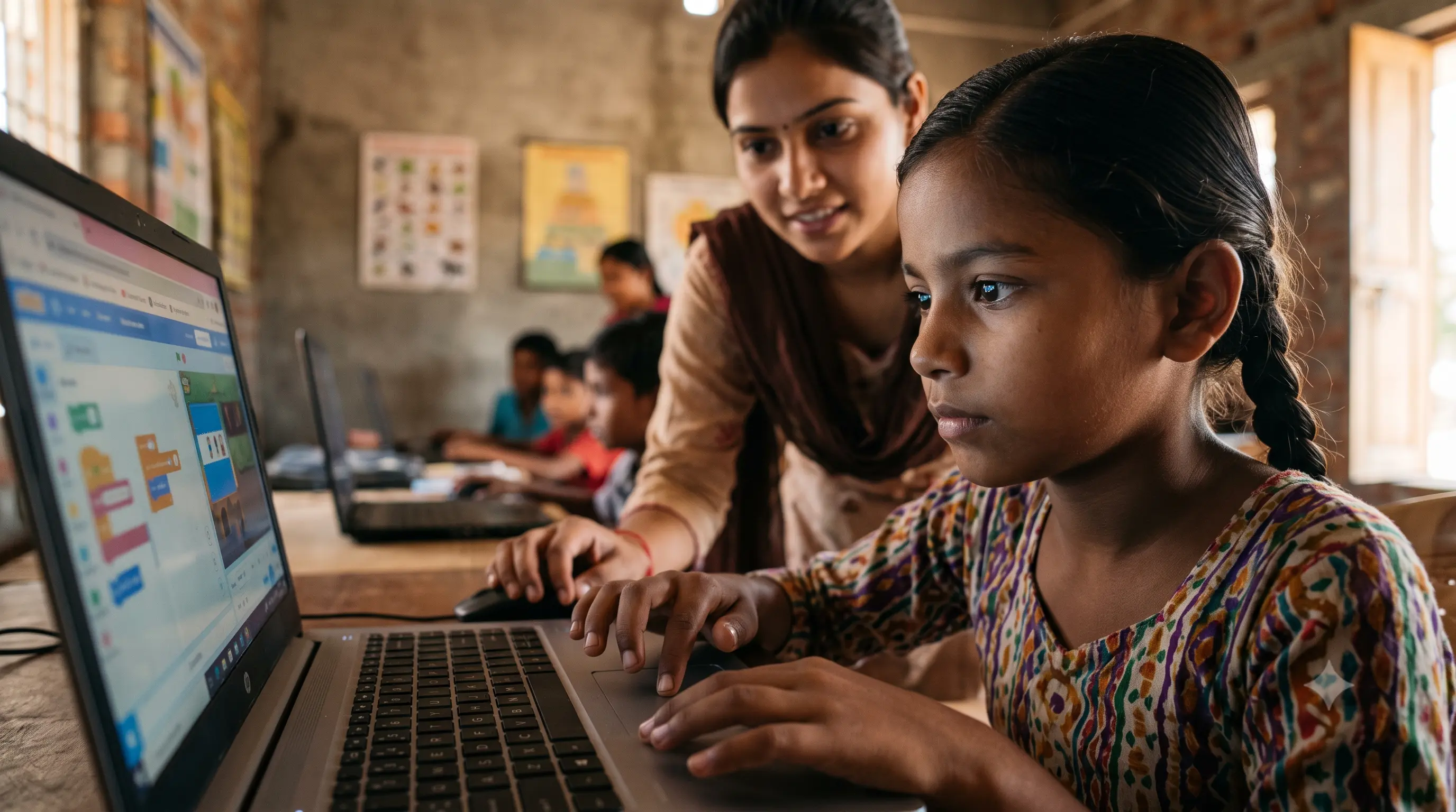 Students learning to use computers and digital tools