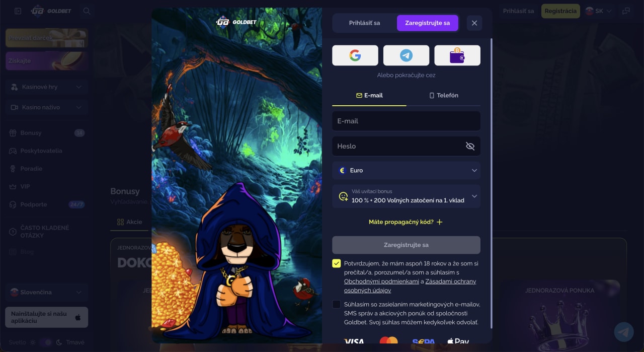 Registrácia účtu v Goldbet Casino