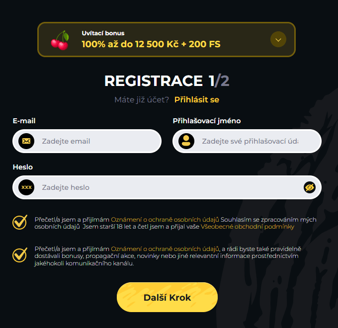 První krok registrace v Boomerang Casino