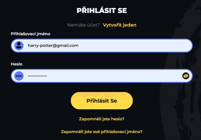 Přihlášení do Boomerang Casino pomocí uživatelského jména a hesla