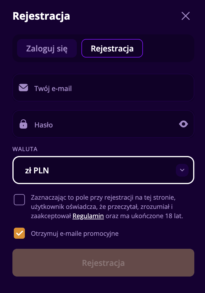 Formularz rejestracji Fastone Casino