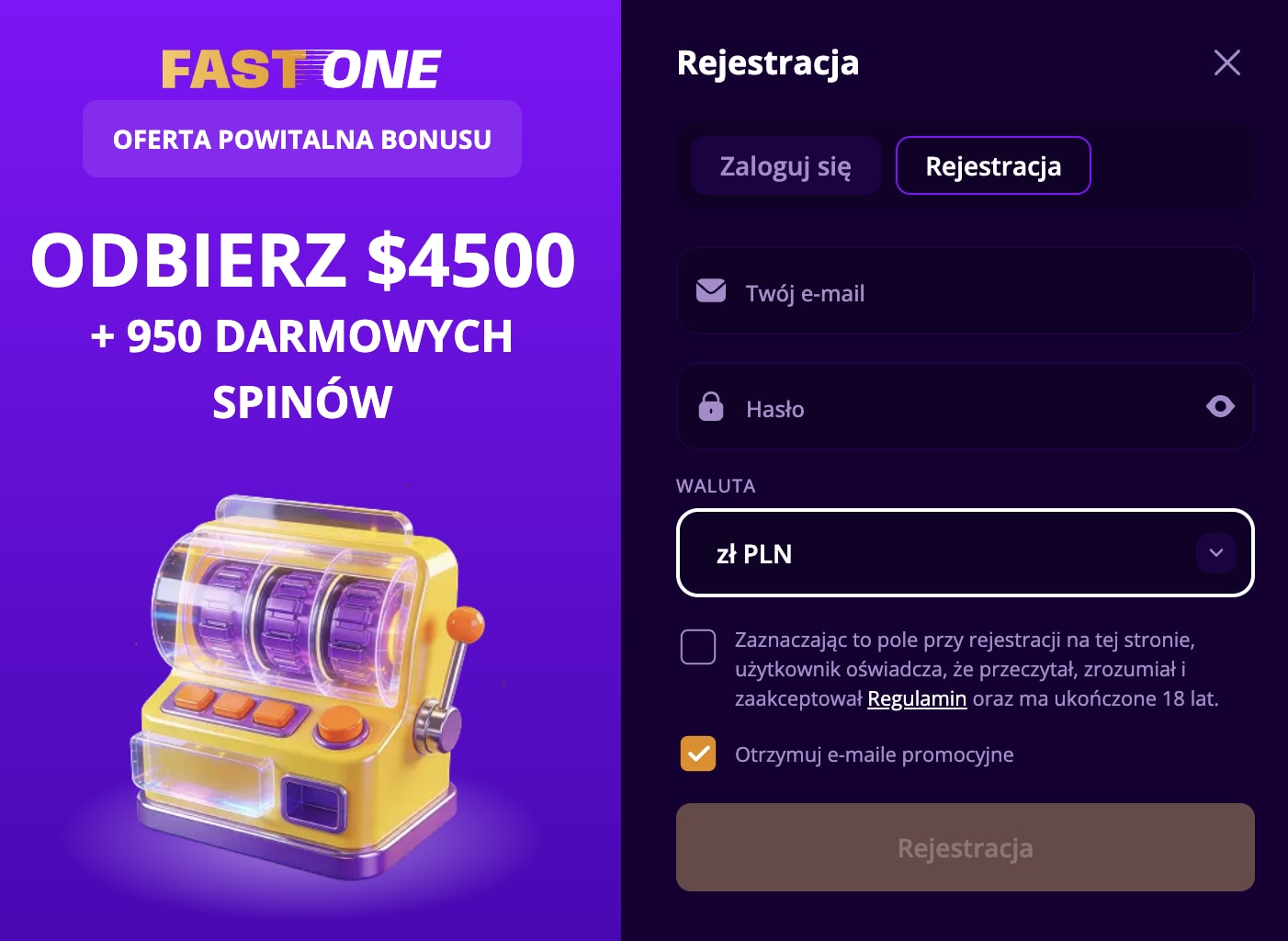 Fast One Casino rejestracja formularz