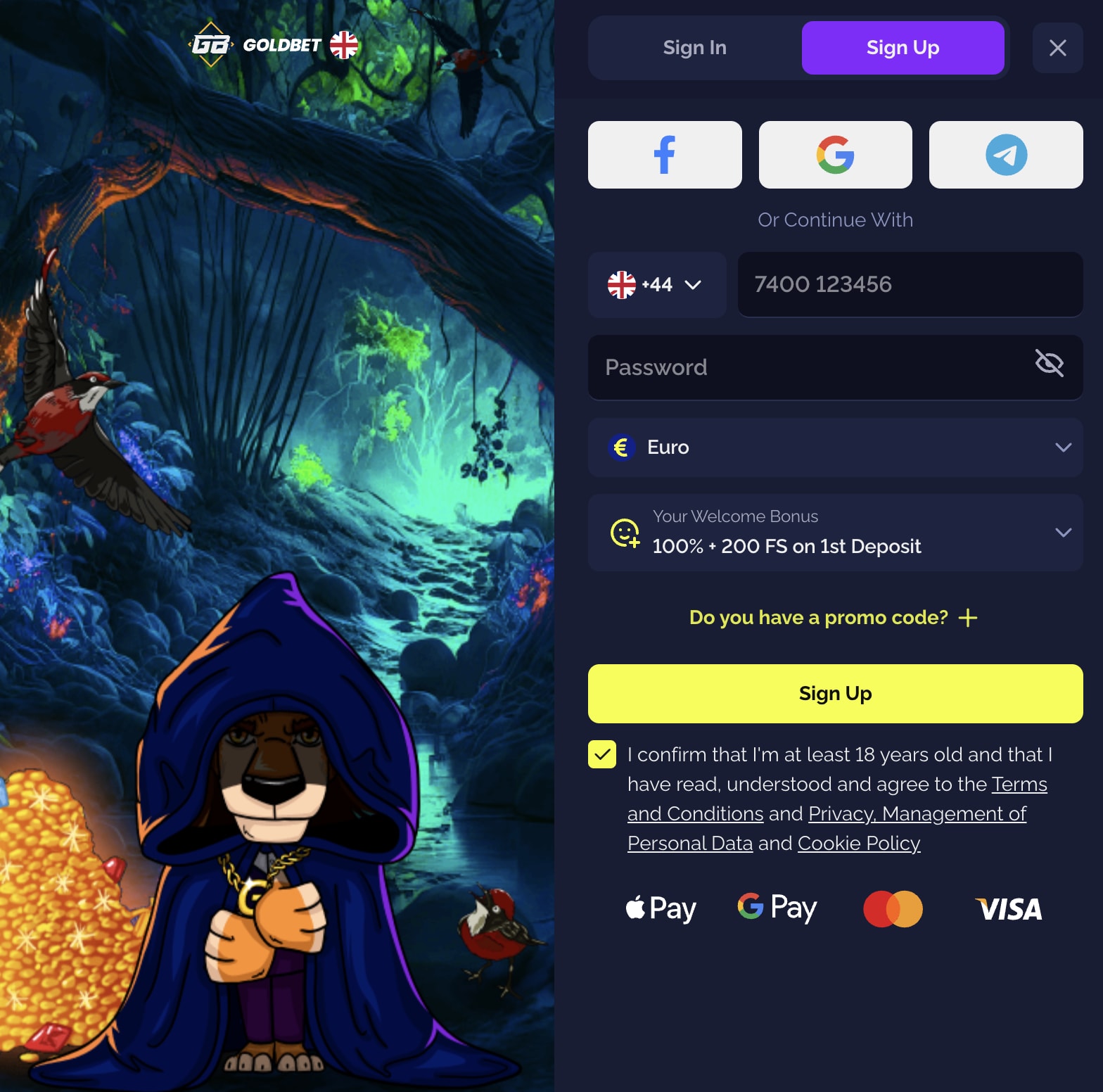 Goldbet Casino Register Form