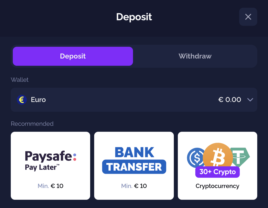 Deposit form Goldbet casino - step 1