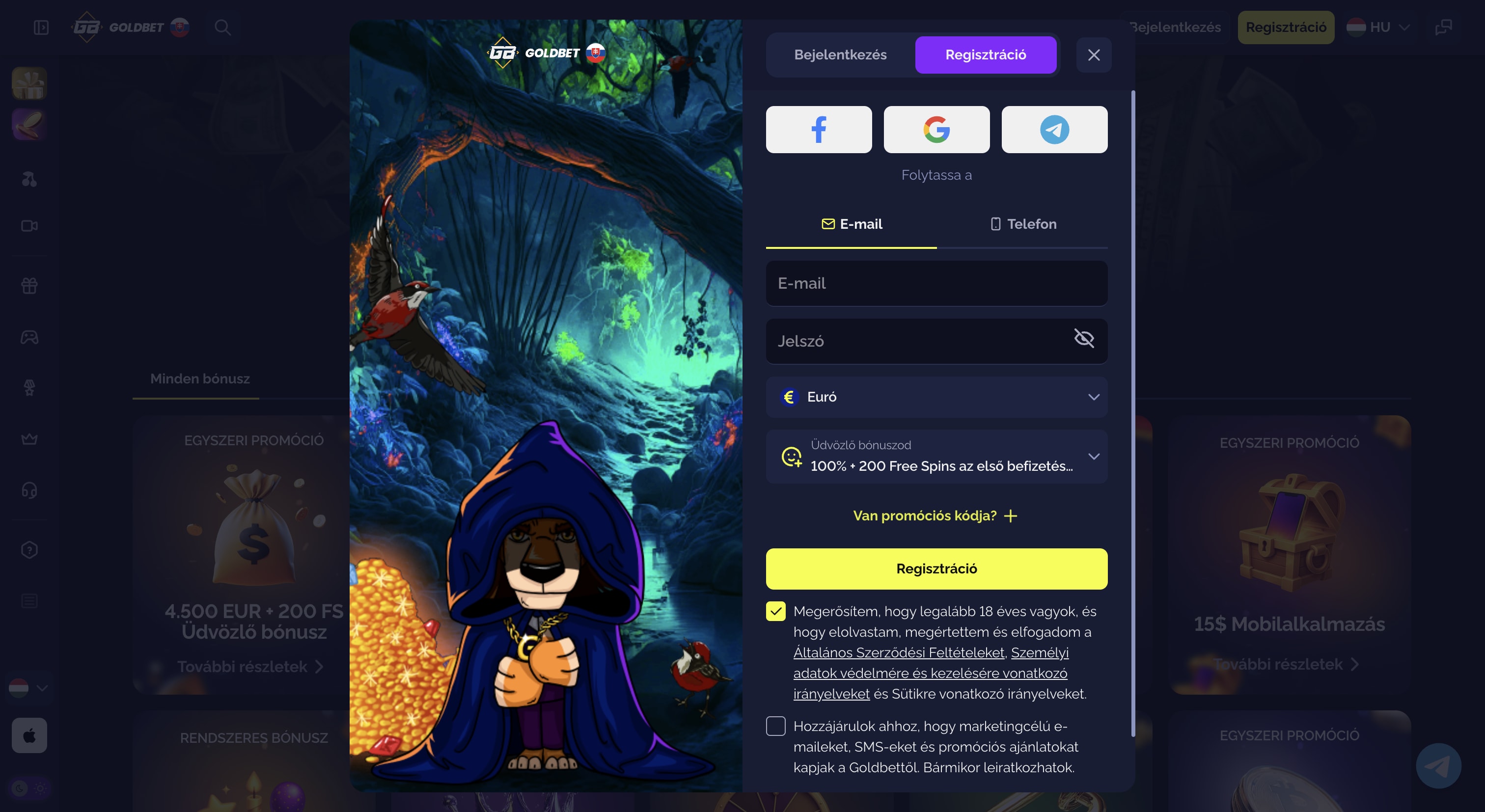 Regisztrációs űrlap Goldbet Casino