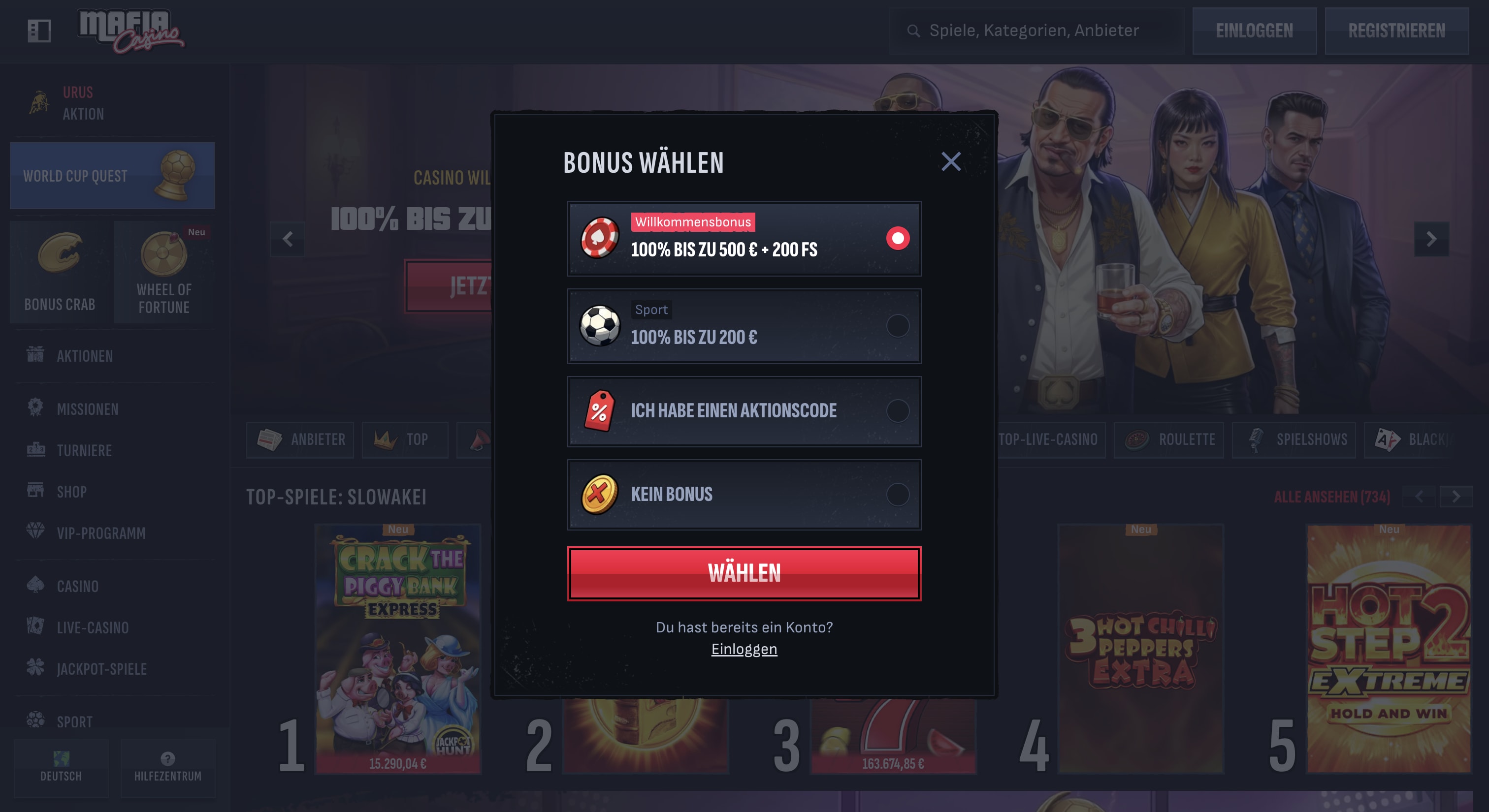 Willkommensbonus im Mafia Casino auswählen
