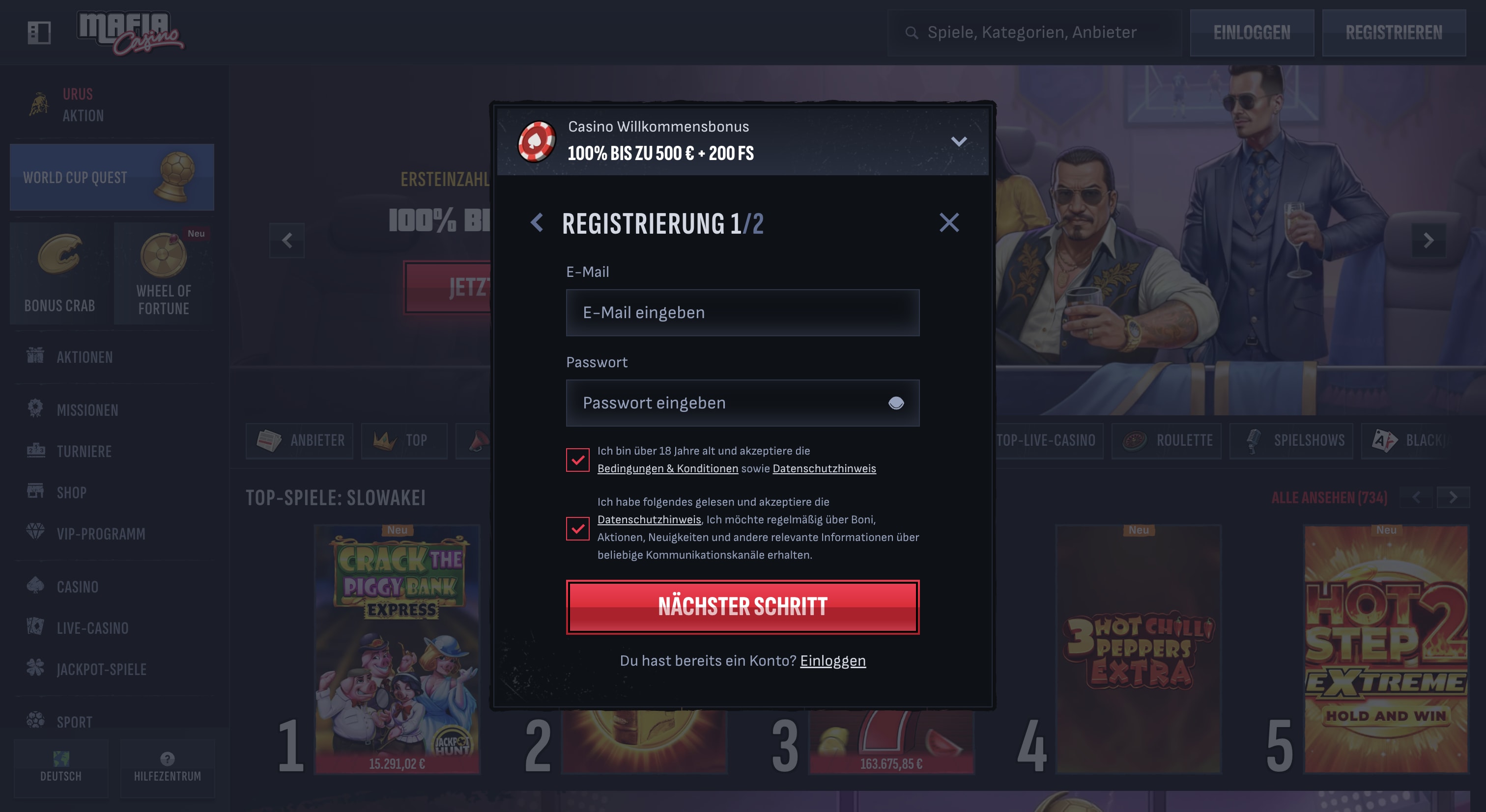 Erster Schritt der Mafia Casino Registrierung