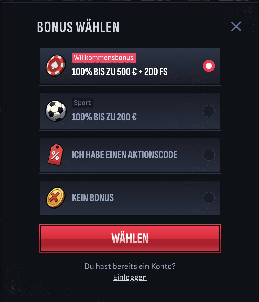 Bonus auswählen während der Registrierung