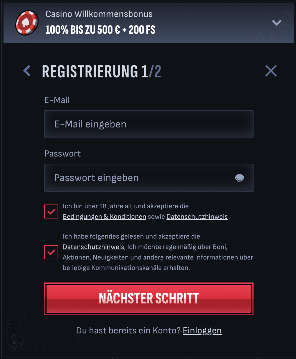 Registrierung Schritt 1 – E-Mail-Adresse und Passwort eingeben