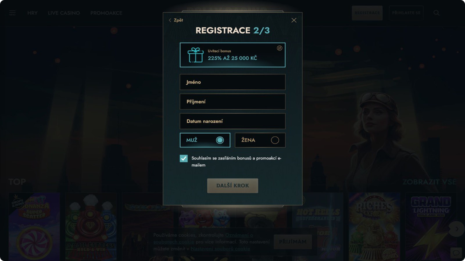 Registrace v Dolly casino – krok 2, vyplnění osobních údajů a data narození