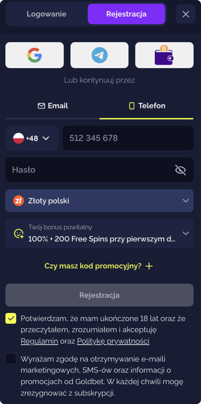 Rejestracja w Goldbet Casino przez telefon z wyborem PLN