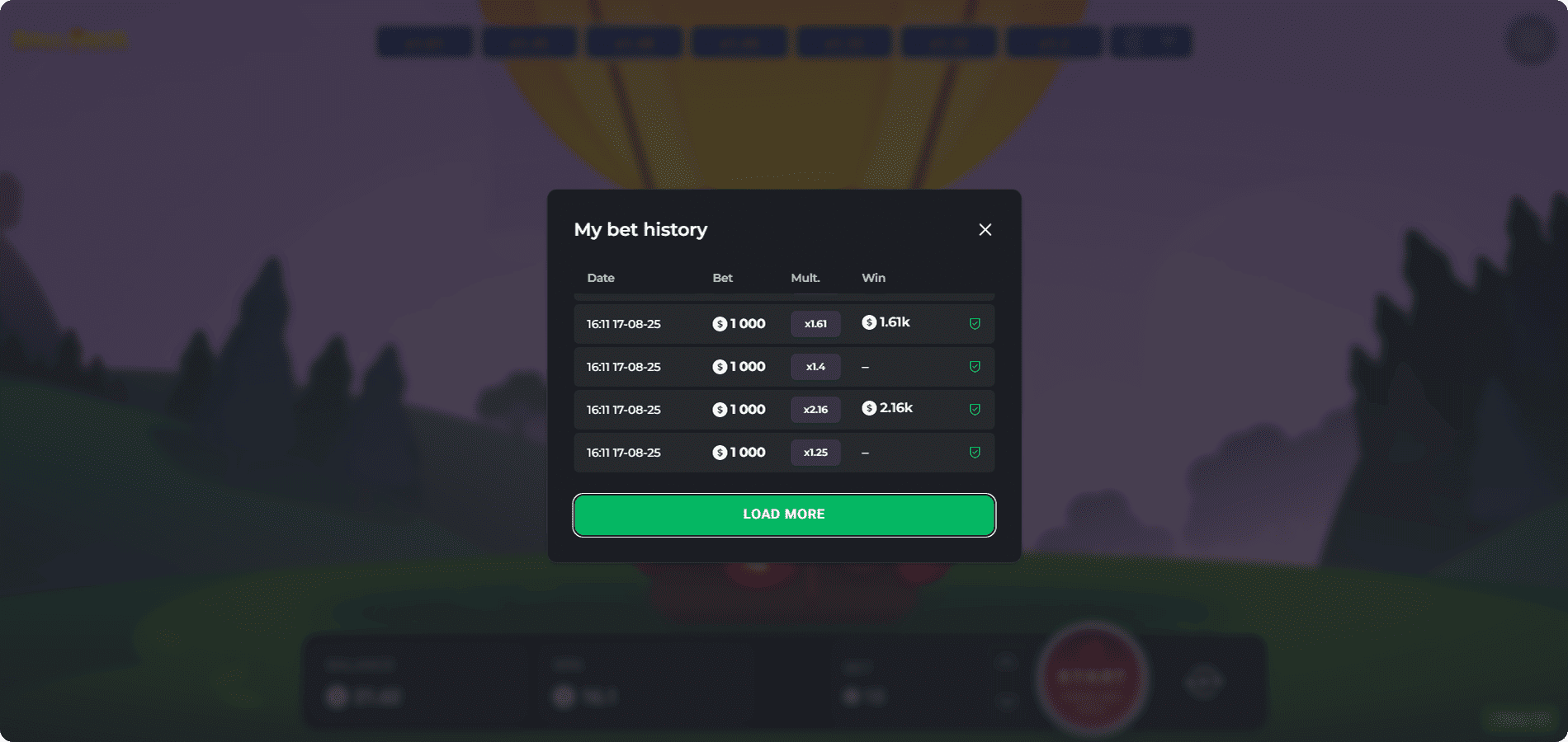 BalloniX game bet history on desktop