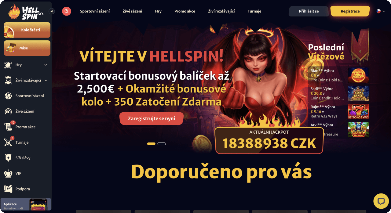 Úvodní stránka HellSpin s uvítacím balíčkem a českým menu