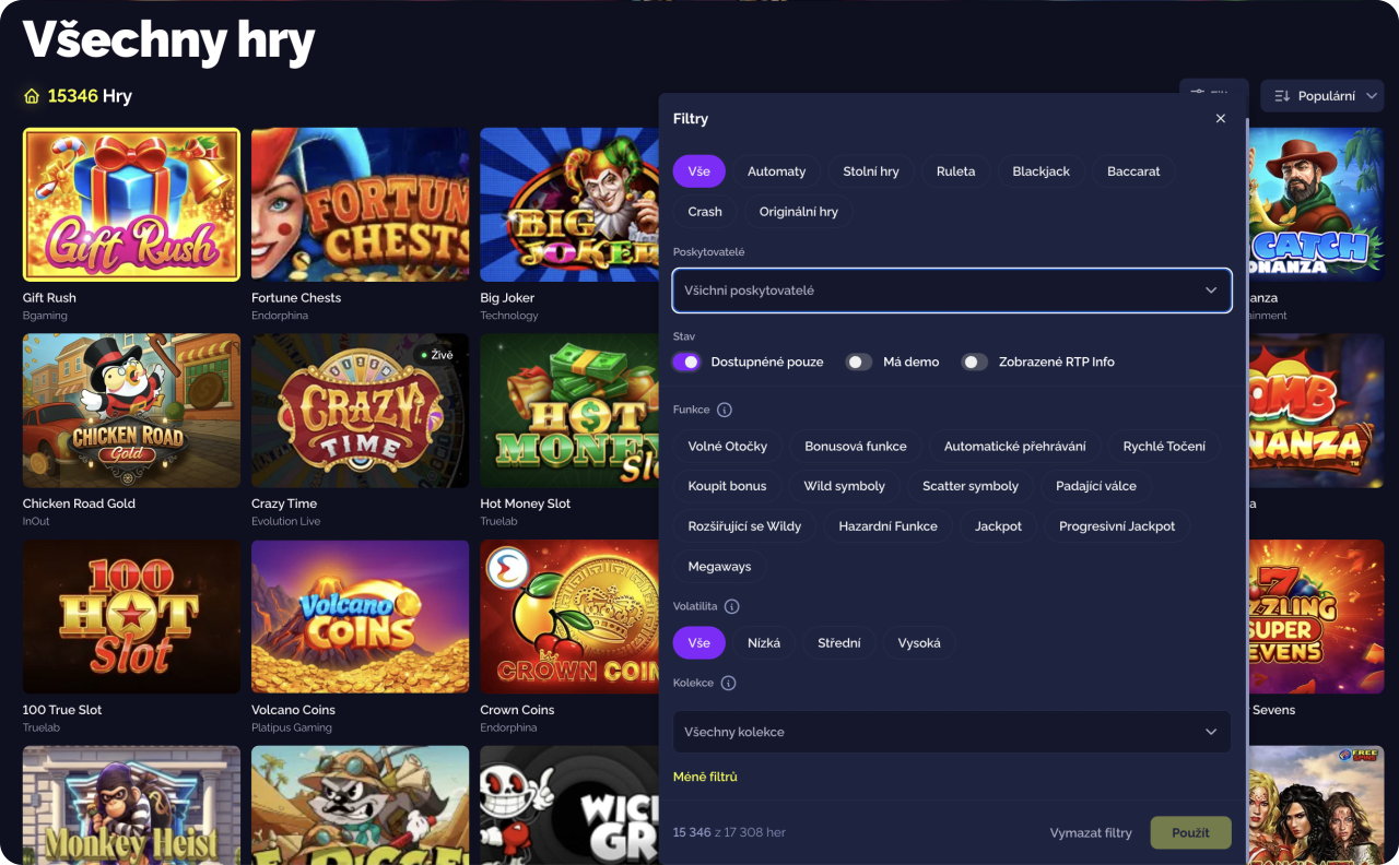 Filtry her v Goldbet Casino s výběrem kategorie, poskytovatele, demorežimu a volatility
