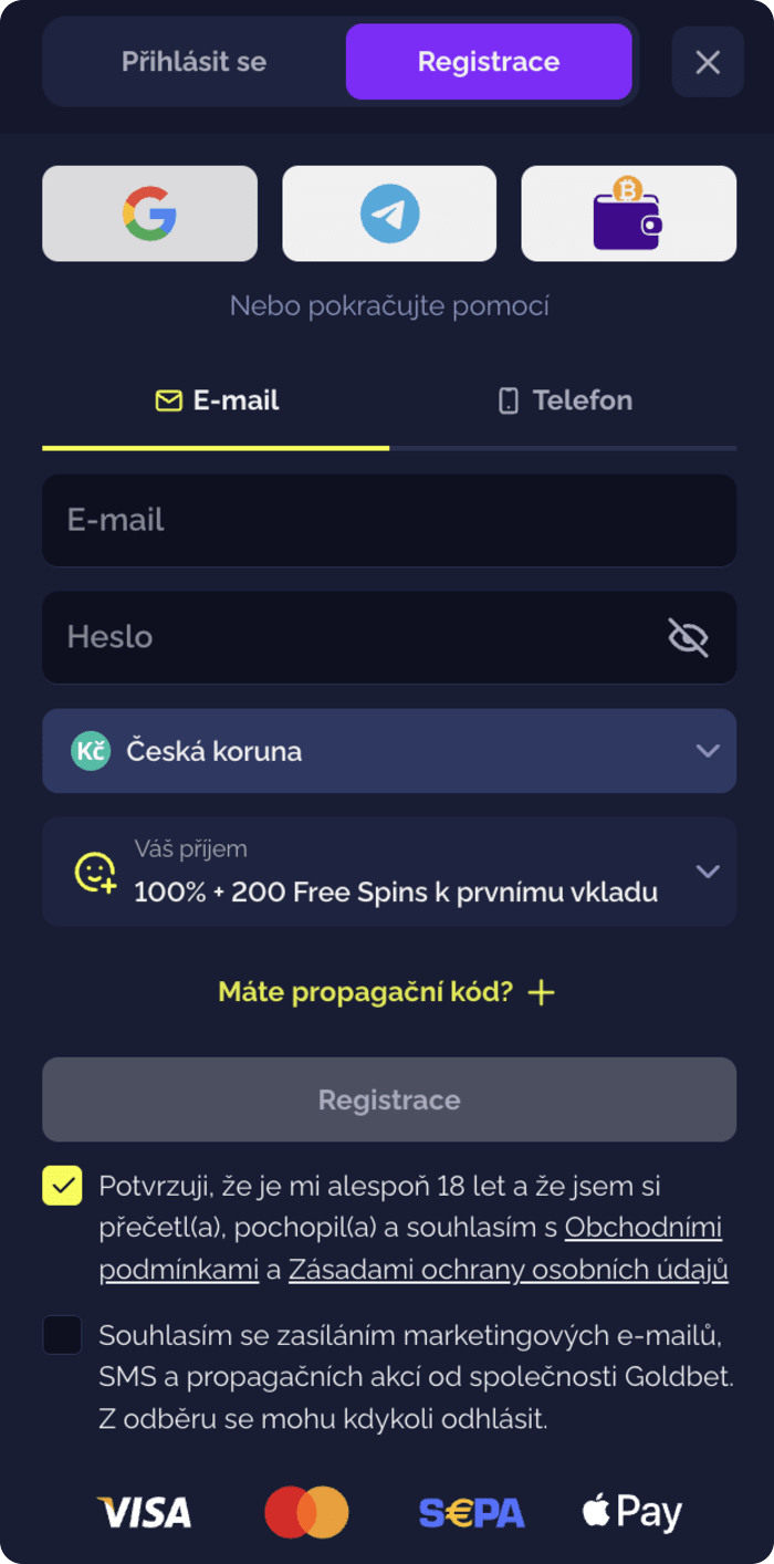 Registrace v Goldbet Casino s výběrem měny a bonusu