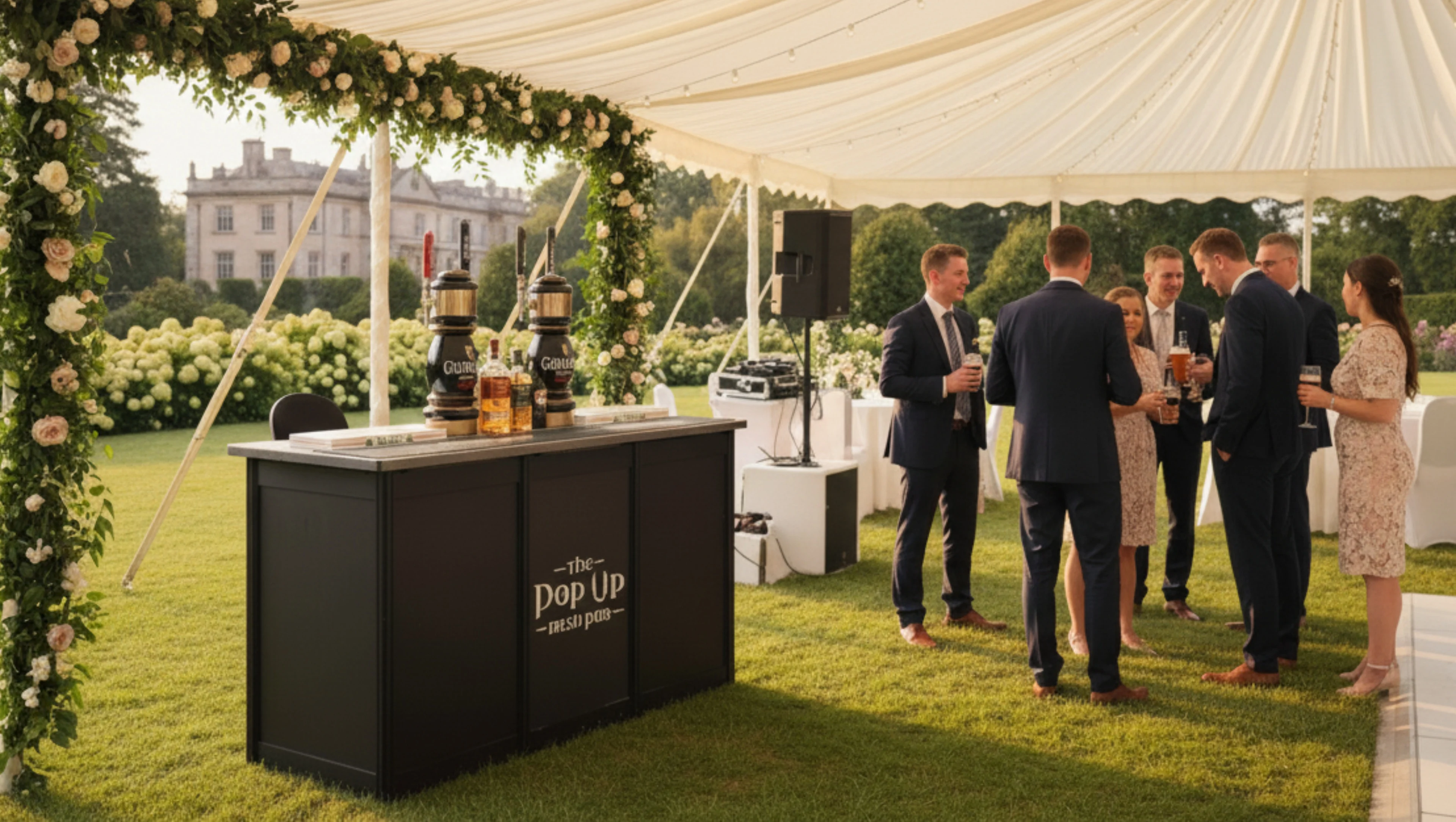 Mobile Irish Event Bar at an Out Door Wedding Under A Tent