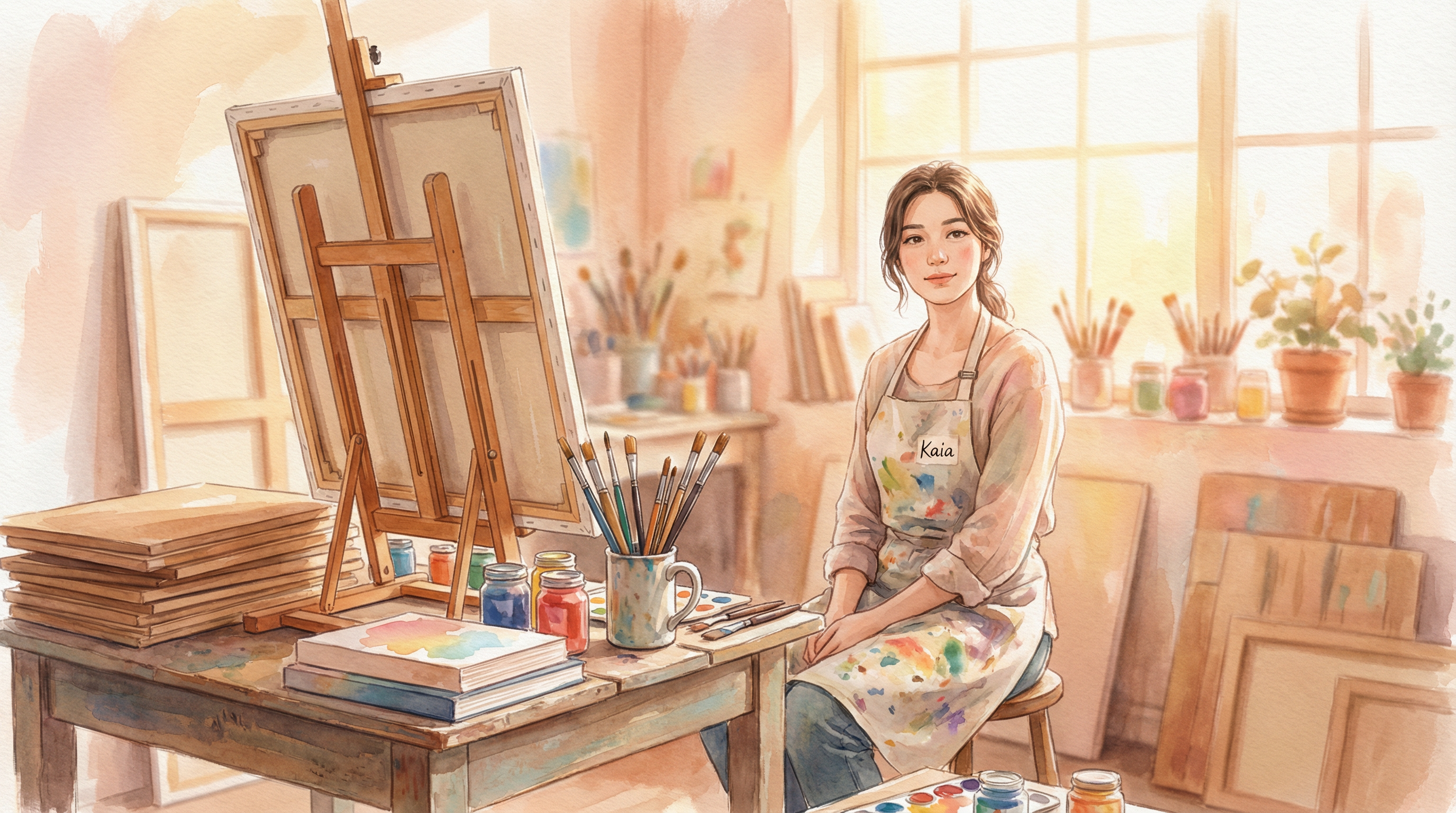 Kaia in artist studio surrounded by painting surfaces and brushes