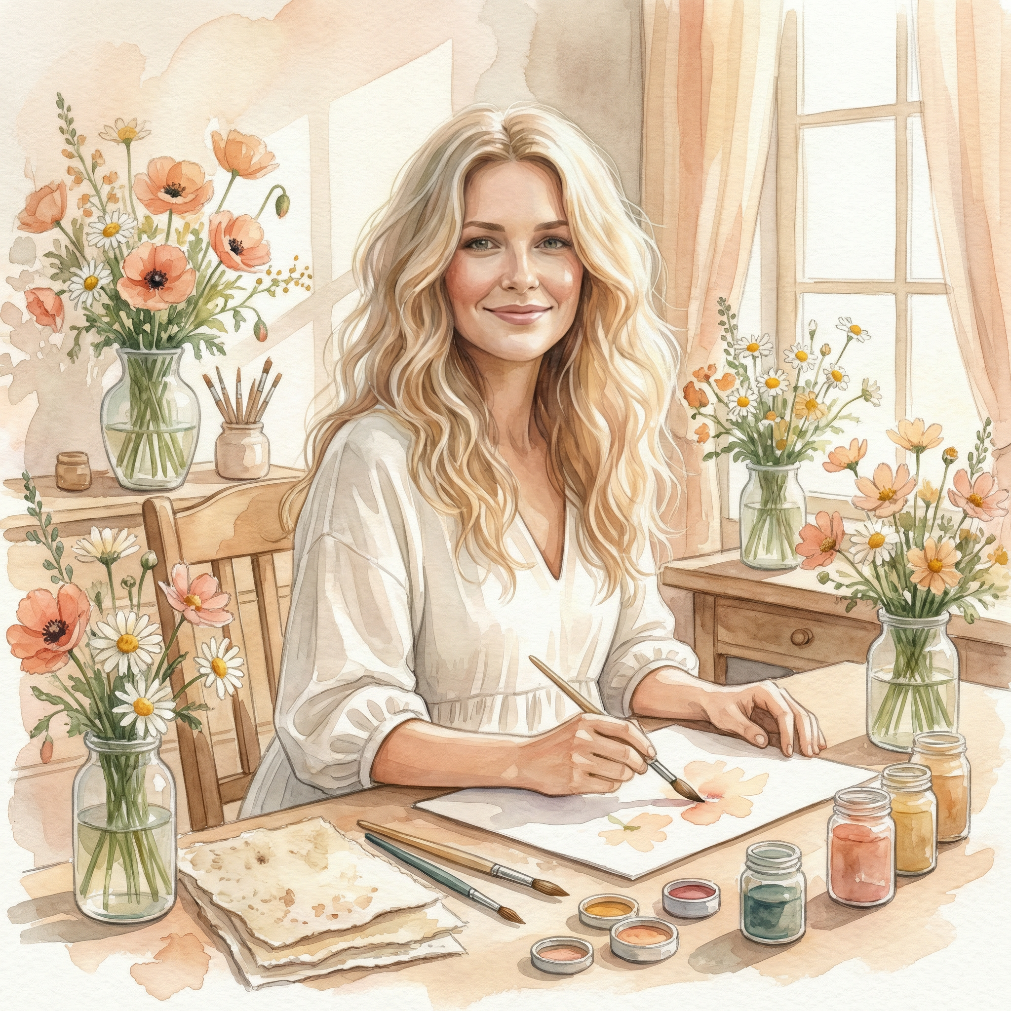 Kaia Lirien painting in watercolor tones